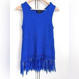 August Silk Woven Fringe Tank Top Womens Medium Boho Festival Hippie Retro Blue